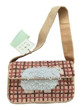 Sol and Mer Hand Beaded Shoulder Bag Lamb Motif Tan & Burgundy
